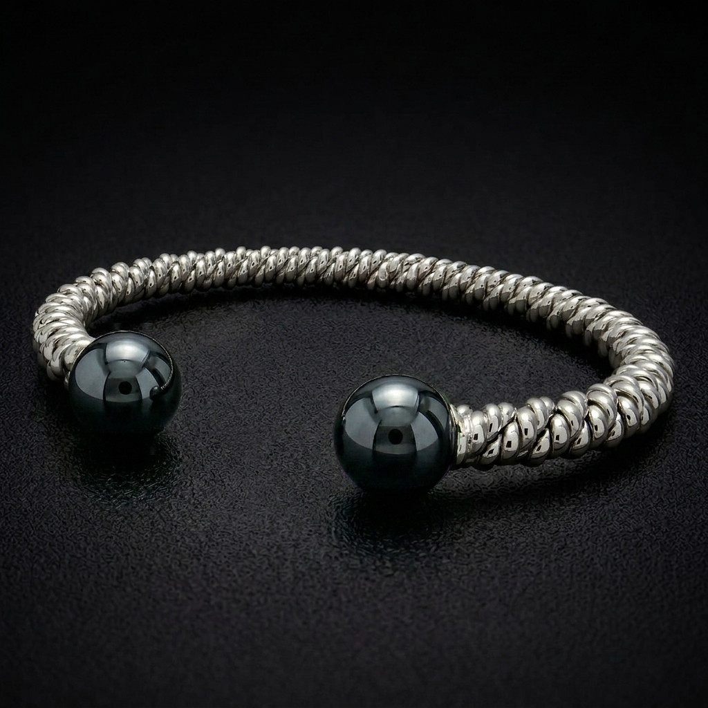 Silver Hematite Torsione Torque Bangle