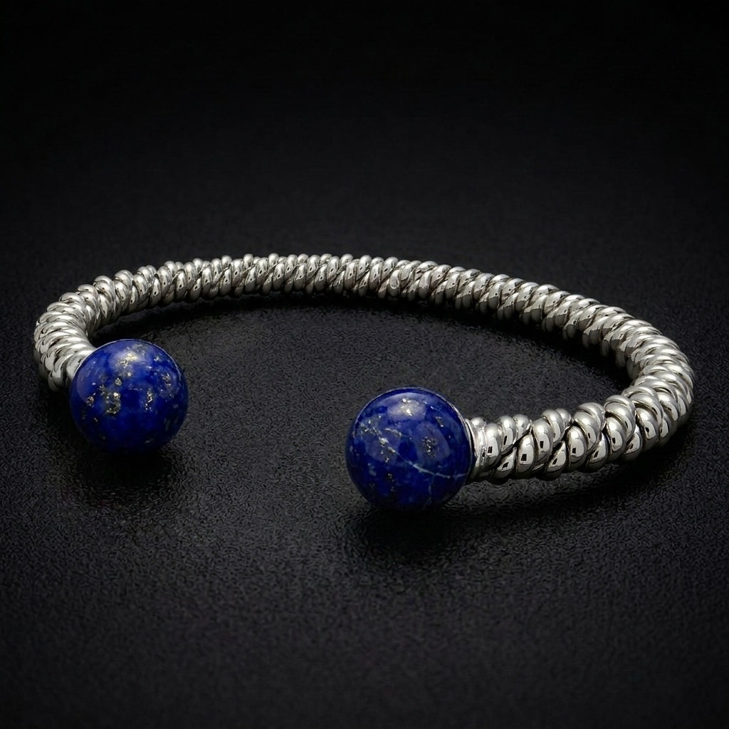 Silver Lapis Torsione Torque Bangle